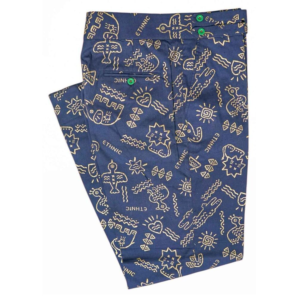 Mens 36 Gurkha Pants Blue Gold Tribal Print Cotton Flat Front Straight Trousers